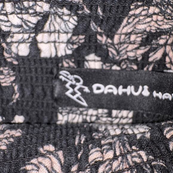 DaHui Hawaii Pants Womens Medium Black White Floral Wide Leg Linen Blend Smocked - Picture 4 of 16